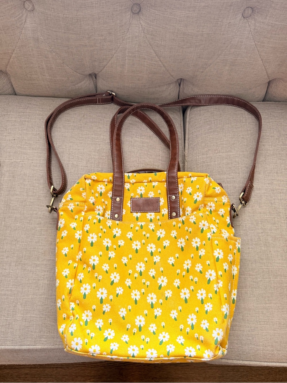 Yellow Floral Canvas Tote with Brown Straps - Women's Shoulder Bag